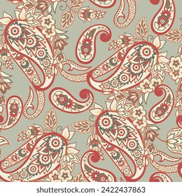 Paisley seamless vector pattern with flowers in indian style. 