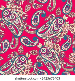 Paisley seamless vector pattern with flowers in indian style. 