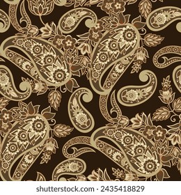 Paisley seamless vector pattern with flowers in indian style. 