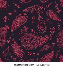 Paisley. Seamless vector pattern.Traditional ethnic pattern. Brushwork by hand. Vector image. Seamless Asian Textile. Pink paisley on dark background.