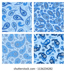 Paisley set seamless pattern blue, vector illustration