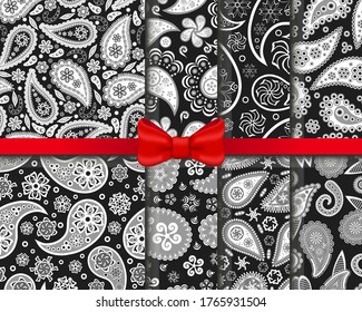 Paisley. A set of seamless patterns. Traditional Indian ornaments. Black and white colors. Vector illustration.