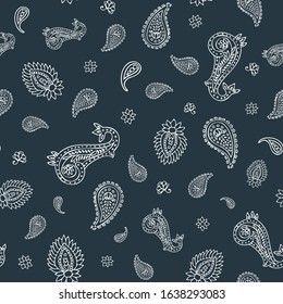 Paisley simple ethnic seamless vector pattern background in dark gray and white colors for fabric, wallpaper, scrapbooking projects or backgrounds. Surface pattern background.