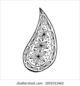 Paisley single doodle element, simple hand drawing, black and white vector image