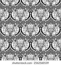 Paisley square seamless pattern.Boho traditional vintage style element black on white background.Motifs flower ornament hand drawn vector.bandana,scarf,head scarf,kerchief,hijab,print fabric,decorate.