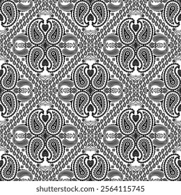 Paisley square seamless pattern.Boho traditional vintage style element black on white background.Motifs flower ornament hand drawn vector.bandana,scarf,head scarf,kerchief,hijab,print fabric,decorate.