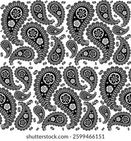 Paisley square seamless pattern.Boho traditional vintage style element black on white background.Motifs flower ornament hand drawn vector.bandana,scarf,head scarf,kerchief,hijab,print fabric,decorate.