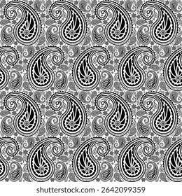 Paisley square seamless pattern.Boho traditional vintage style element black on white background.Motifs flower ornament hand drawn vector.bandana,scarf,head scarf,kerchief,hijab,print fabric,decorate.