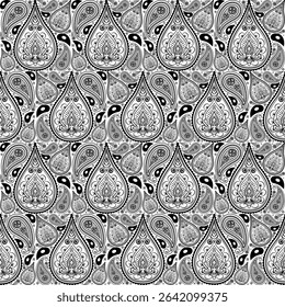 Paisley square seamless pattern.Boho traditional vintage style element black on white background.Motifs flower ornament hand drawn vector.bandana,scarf,head scarf,kerchief,hijab,print fabric,decorate.