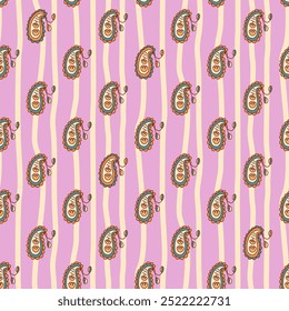 Paisley striped seamless pattern. Foulard ornament endless background. Cucumber drops vibrant surface pattern design motif. Vector hand drawn doodle illustration.