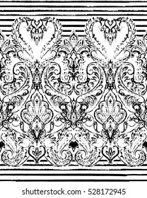 Paisley striped seamless pattern, ornamental indian border, decorative motif. Hand drawn print for wrapping, wallpaper, fabric, textile.