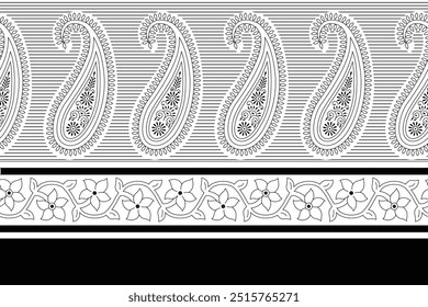 paisley textile border pattern on stripes background