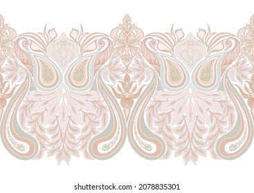 Paisley, traditional damask classical luxury old fashioned floral ornament. Seamless pattern, background. Vector illustration. In soft orange and green colors. Isolated on white background.