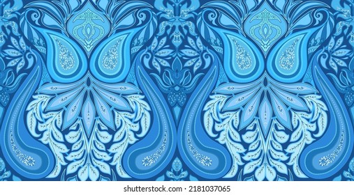 Paisley, traditional damask classical luxury old fashioned floral ornament. Seamless pattern, background. Vector illustration. In blue colors.