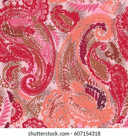 Paisley trendy color traditional hand drawn folk vector cucumber ornament seamless pattern on a dark blue backdrop. 