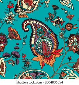 Paisley Turkish Cucumber. Seamless pattern in traditional oriental style with flowers, leaves and fantasy elements. Fabric and wallpaper 