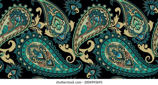 El pepino turco Paisley. Patrón inmaculado de estilo oriental tradicional con flores, hojas y elementos de fantasía. Tela y papel tapiz 