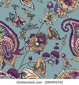Paisley Turkish Cucumber. Seamless pattern in traditional oriental style with flowers, leaves and fantasy elements. Fabric and wallpaper 