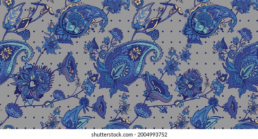 Paisley Turkish Cucumber. Seamless pattern in traditional oriental style with flowers, leaves and fantasy elements. Fabric and wallpaper 