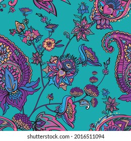 Paisley Turkish Cucumber. Seamless pattern in traditional oriental style with flowers, leaves and fantasy elements. Fabric and wallpaper 