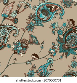 Paisley Türkischer Gurken. Nahtloses Muster im traditionellen orientalischen Stil mit Blumen, Blättern und Fantasieelementen. Stoffe und Tapeten 