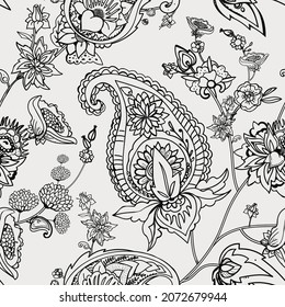 Paisley Turkish Cucumber. Seamless pattern in traditional oriental style with flowers, leaves and fantasy elements. Fabric and wallpaper 