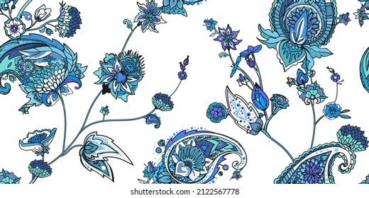 Paisley Turkish Cucumber. Seamless pattern in traditional oriental style with flowers, leaves and fantasy elements. Fabric and wallpaper 