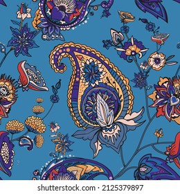 El pepino turco Paisley. Patrón inmaculado de estilo oriental tradicional con flores, hojas y elementos de fantasía. Tela y papel tapiz 