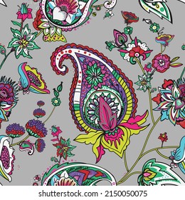 Paisley Turkish Cucumber. Seamless pattern in traditional oriental style with flowers, leaves and fantasy elements. Fabric and wallpaper 