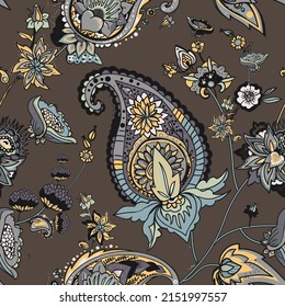 Paisley Turkish Cucumber. Seamless pattern in traditional oriental style with flowers, leaves and fantasy elements. Fabric and wallpaper 