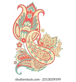 Patrón aislado del Vector de Paisley. Fantástica flor, hojas. Estampado bohemio textil. Pintura Batik. Antiguas