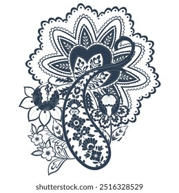 Patrón aislado del Vector de Paisley. Fantástica flor, hojas. Estampado bohemio textil. Pintura Batik. Antiguas
