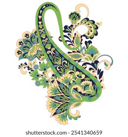 Patrón aislado del Vector de Paisley. Fantástica flor, hojas. Estampado bohemio textil. Pintura Batik. Antiguas