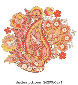 Patrón aislado del Vector de Paisley. Fantástica flor, hojas. Estampado bohemio textil. Pintura Batik. Antiguas