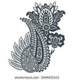 Padrão isolado do vetor de Paisley. Fantástica flor, folhas. Impressão têxtil boêmia. Batik pintando. Vintage