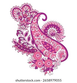 Patrón aislado del Vector de Paisley. Fantástica flor, hojas. Estampado bohemio textil. Pintura Batik. Antiguas