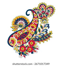 Padrão isolado do vetor de Paisley. Fantástica flor, folhas. Impressão têxtil boêmia. Batik pintando. Vintage