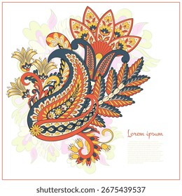 Padrão isolado do vetor de Paisley. Fantástica flor, folhas. Impressão têxtil boêmia. Batik pintando. Vintage