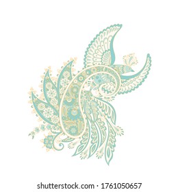 Paisley vector isolated pattern with Flying Bird. Damask style Vintage illustration