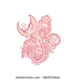 Paisley vector isolated pattern with Flying Bird. Damask style Vintage illustration