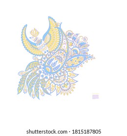 Paisley vector isolated pattern with Flying Bird. Damask style Vintage illustration