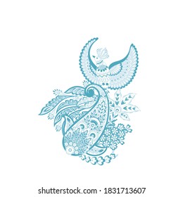 Paisley vector isolated pattern with Flying Bird. Damask style Vintage illustration