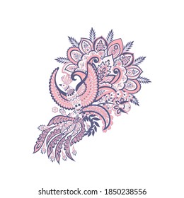 Paisley vector isolated pattern with Flying Bird. Damask style Vintage illustration