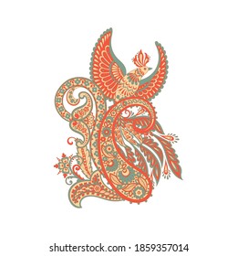 Paisley vector isolated pattern with Flying Bird. Damask style Vintage illustration