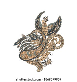 Paisley vector isolated pattern with Flying Bird. Damask style Vintage illustration