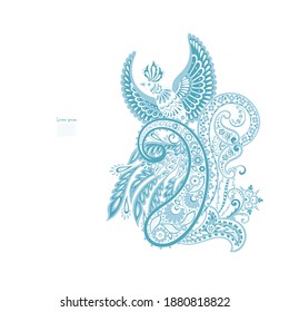 Paisley vector isolated pattern with Flying Bird. Damask style Vintage illustration