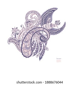 Paisley vector isolated pattern with Flying Bird. Damask style Vintage illustration