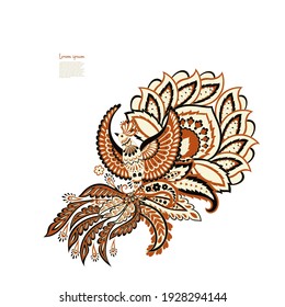 Patrón aislado de vector Paisley con pájaro volador. Ilustración de vintage de estilo Damask