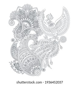 Paisley vector isolated pattern with Flying Bird. Damask style Vintage illustration