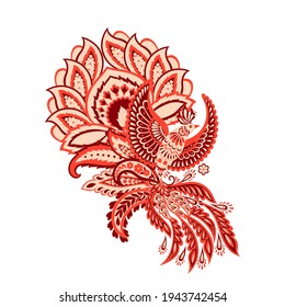 Paisley vector isolated pattern with Flying Bird. Damask style Vintage illustration